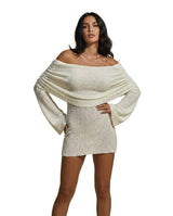 Damen Schulterfreies Minikleid mit langen Ärmeln und drapiertem Ausschnitt – Weiß