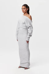 Damen Schulterfreies Strickkleid mit Asymmetrischem Ausschnitt Langen Ärmeln und Maxilänge – Grau