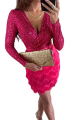Damen Schwarzes Pailletten-Minikleid mit Federrock – Rosa