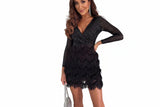 Damen Schwarzes Pailletten-Minikleid mit Federrock – Schwarz