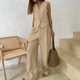 Damen-Set aus Weste mit Knopfleiste und Hose mit weitem Bein – Beige