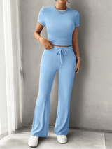 Damen Set für Frauen mit kurzen Ärmeln weitem Hosenbein und Kordelzug – Hellblau