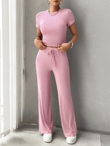 Damen Set für Frauen mit kurzen Ärmeln weitem Hosenbein und Kordelzug – Rosa