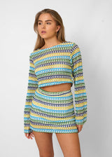Damen Set für Frauen mit Mehrfarbigem Muster Crop-Top langen Ärmeln und Mini-Rock – Blau