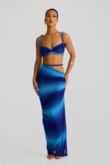 Damen Set mit Bustier-Oberteil und Maxirock mit geflochtenen Trägern und seitlicher Raffung – Blau