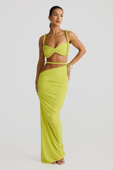 Damen Set mit Bustier-Oberteil und Maxirock mit geflochtenen Trägern und seitlicher Raffung – Grün