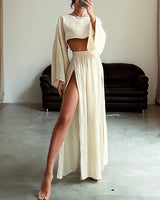 Damen Set mit Crop-Top und Maxirock mit Seitenschlitz – Aprikose