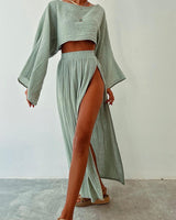 Damen Set mit Crop-Top und Maxirock mit Seitenschlitz – Grün