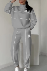 Damen Set mit Halbreißverschluss-Pullover und Jogginghose mit Kontraststreifen – Grau
