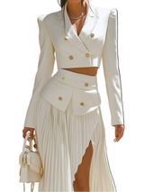 Damen Set mit kurzem Blazer und plissiertem Rock – Weiß