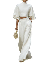 Damen Set mit kurzem Oberteil und Hose mit weitem Bein – Weiß