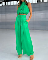 Damen Set mit Neckholder-Top und Hose – Grün