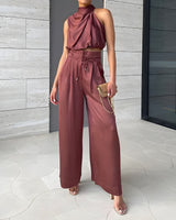 Damen Set mit Neckholder-Top und Hose – Kastanienbraun