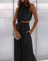 Damen Set mit Neckholder-Top und Hose – Schwarz