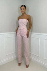 Damen Set mit Oberteil Paillettenbesatz und langer Hose – Rosa