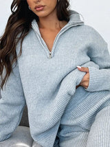 Damen-Set mit Reißverschluss-Pullover und Hose mit Rippenstruktur – Grau
