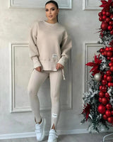 Damen Set mit Rundhals-Pullover und Leggings mit Kängurutasche – Beige
