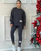 Damen Set mit Rundhals-Pullover und Leggings mit Kängurutasche – Dunkelgrau
