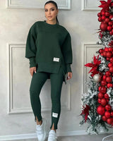 Damen Set mit Rundhals-Pullover und Leggings mit Kängurutasche – Dunkelgrün