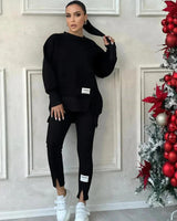 Damen Set mit Rundhals-Pullover und Leggings mit Kängurutasche – Schwarz