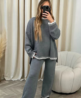 Damen-Set mit Rundhalsausschnitt-Pullover und langer Hose – Grau