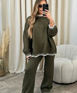 Damen-Set mit Rundhalsausschnitt-Pullover und langer Hose – Grün