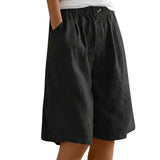 Damen Shorts mit elastischem Bund und Knopf und weitem Bein – Schwarz