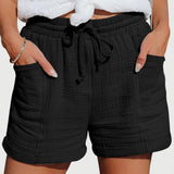 Damen Shorts mit elastischem Bund und Kordelzug sowie aufgesetzten Taschen und umgeschlagenen Säumen – Schwarz