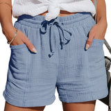 Damen Shorts mit elastischem Bund und Kordelzug sowie aufgesetzten Taschen und umgeschlagenen Säumen – Hellblau