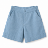 Damen Shorts mit hohem Bund und elastischem Rückenbund sowie Knopfverschluss – Hellblau