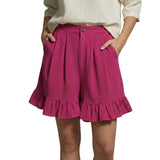 Damen Shorts mit hohem Bund und Falten und Volantsaum und Knopfverschluss – Rosa