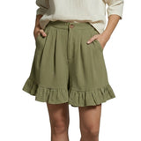 Damen Shorts mit hohem Bund und Falten und Volantsaum und Knopfverschluss – Grün