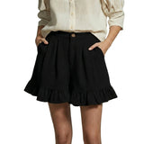Damen Shorts mit hohem Bund und Falten und Volantsaum und Knopfverschluss – Schwarz