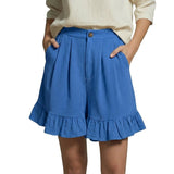 Damen Shorts mit hohem Bund und Falten und Volantsaum und Knopfverschluss – Blau