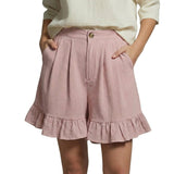 Damen Shorts mit hohem Bund und Falten und Volantsaum und Knopfverschluss – Hellrosa