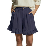 Damen Shorts mit hohem Bund und Falten und Volantsaum und Knopfverschluss – Marineblau
