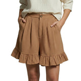 Damen Shorts mit hohem Bund und Falten und Volantsaum und Knopfverschluss – Khaki