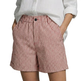 Damen Shorts mit vertikalen Streifen und hoher Taille und umgeschlagenem Saum und Gürtelschlaufen – Rosa