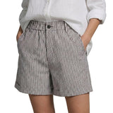 Damen Shorts mit vertikalen Streifen und hoher Taille und umgeschlagenem Saum und Gürtelschlaufen – Schwarz