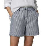 Damen Shorts mit vertikalen Streifen und hoher Taille und umgeschlagenem Saum und Gürtelschlaufen – Blau
