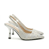 Damen-Slingback-Pumps mit spitzer Zehenpartie und gemustertem Obermaterial – Silber