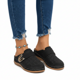 Damen Slip-On Loafer mit Schnallenriemen und Perforiertem Obermaterial – Schwarz