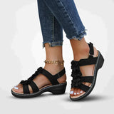Monika - Damen Sommer Serie Blumen Plateau Sandalen – Schwarz