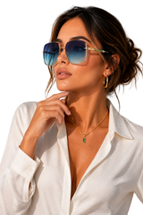 Damen Sonnenbrille mit Aviator-Rahmen und Doppelsteg aus Metall – Hellblau
