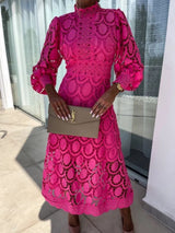 Damen Spitzen-Midikleid mit langen Ärmeln und hohem Kragen – Rosa