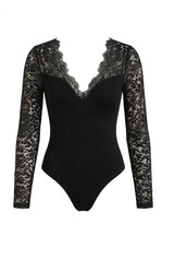Damen Spitzenärmel Bodybluse mit tiefem Ausschnitt – Schwarz