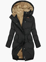 Damen Steppjacke mit Plüsch-Kapuze und Reißverschluss – Schwarz