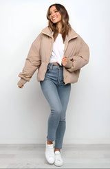 Damen Steppjacke mit Reißverschluss und Stehkragen – Khaki