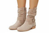 Damen Stiefel mit mittlerer Schafthöhe, Riemendetail und seitlichem Reißverschluss – Beige