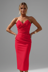 Damen Strapless Wrap-Front Midi Kleid – Rot